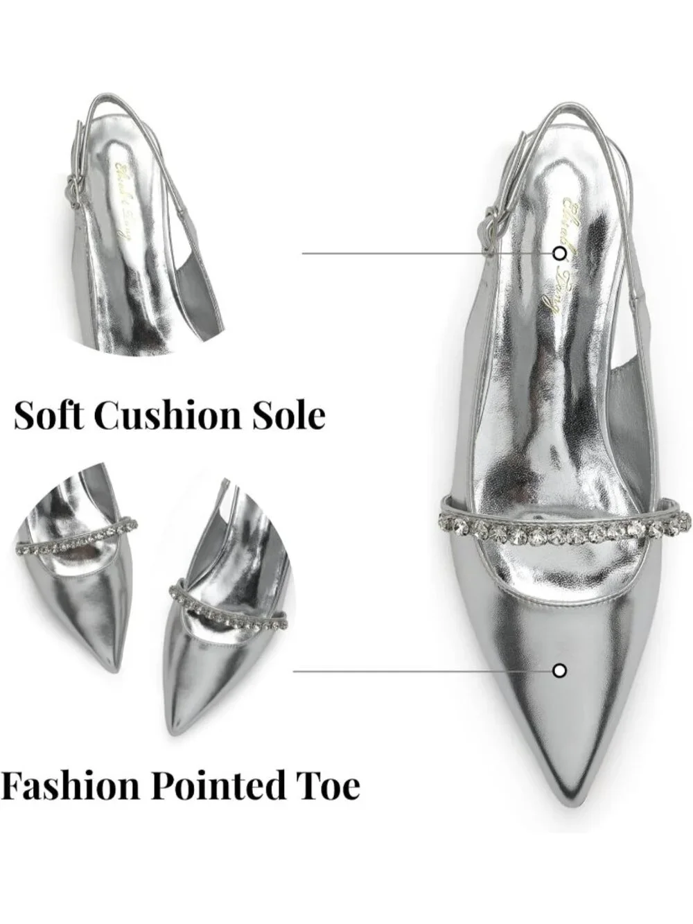 Women's Silver Soft Slingback Flats With Rhinestone Pointed Toe Backstrap Shoes